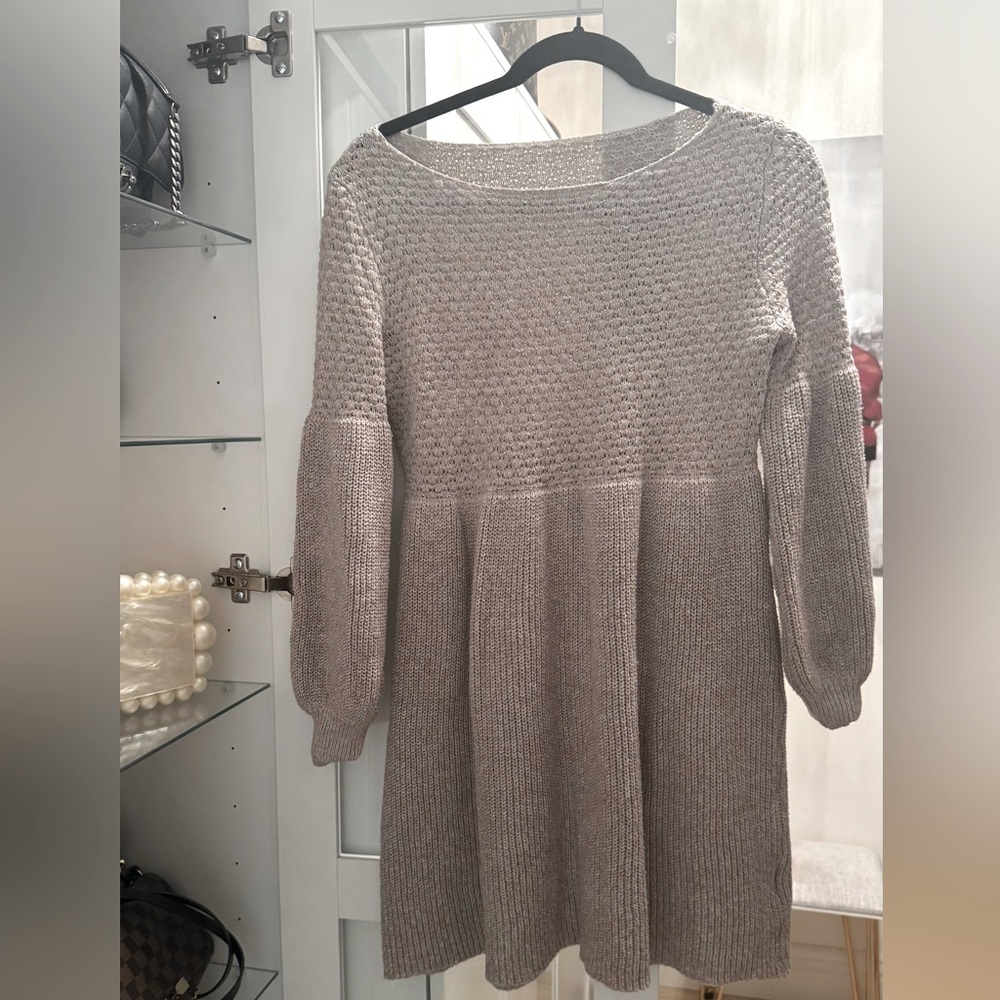 Balloon Sleeve Beige Skater Sweater Dresss - Picture 2 of 7